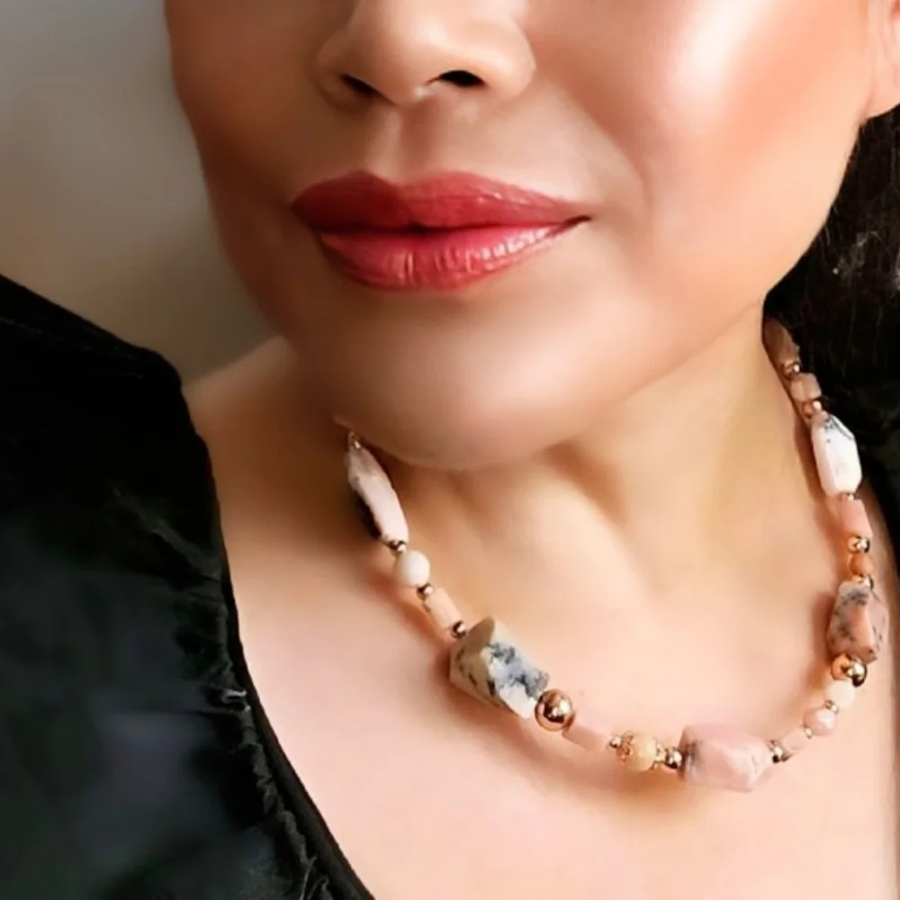 Genuine Pink Opal Large Chunky Stones In Rose Gold Necklace Or Choker